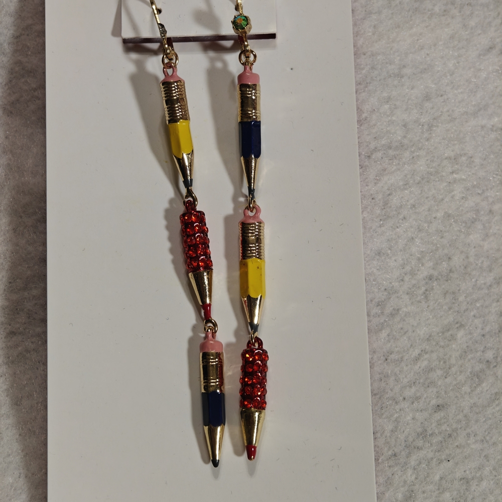 Betsey Johnson Vibrant Pencil Earrings FLAWED Missing Rhinestone Sold AS IS